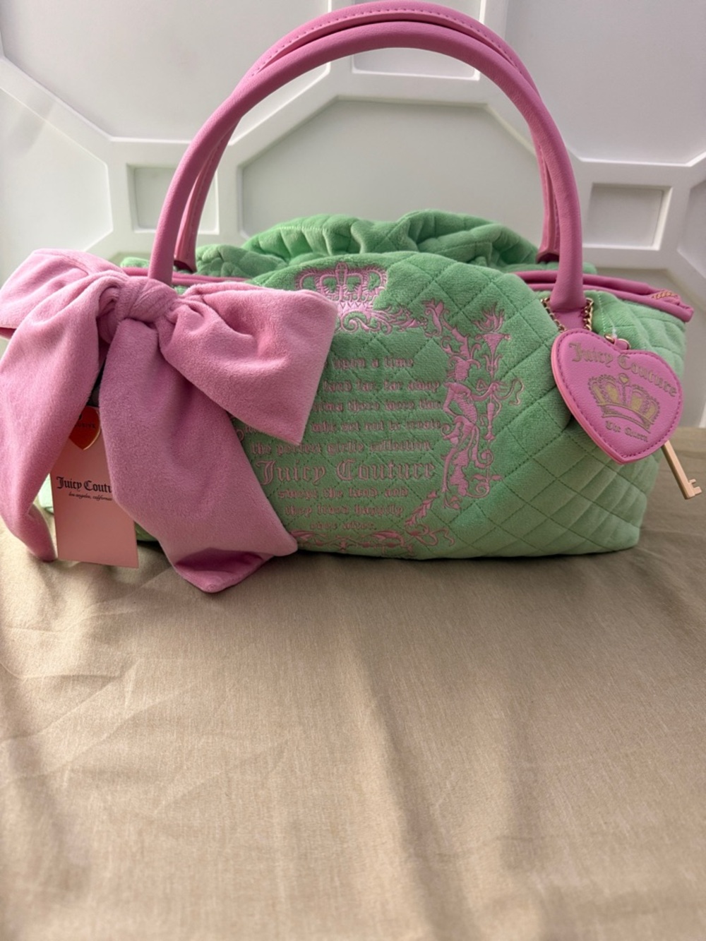 Juicy Couture Pink & Green Quilted Bow Handle Satchel